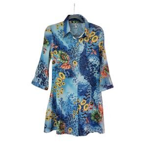 Lindi Blue Retro Floral Accordion Pleat Mini Dress or Tunic Top, Size Large